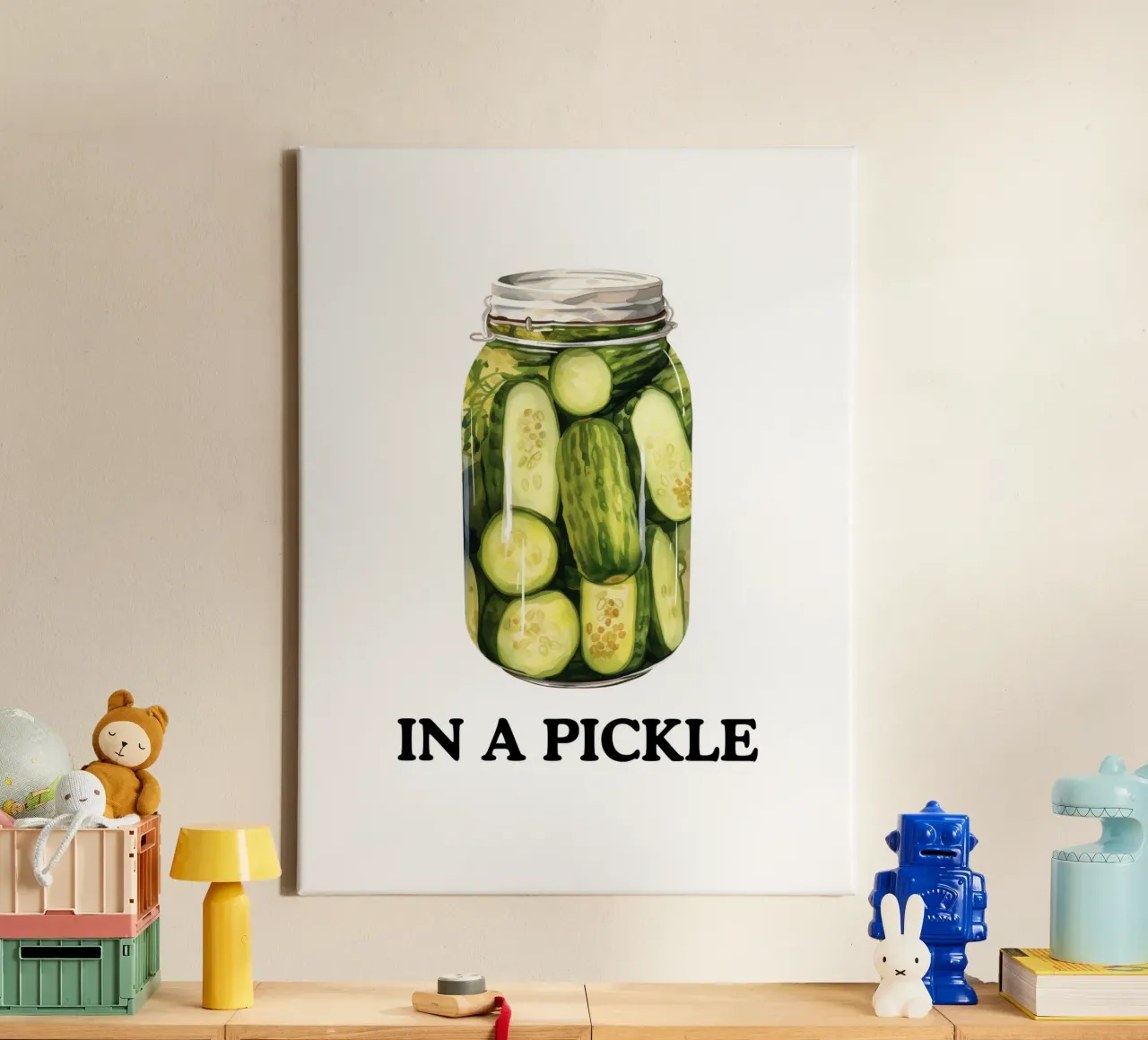 In a Pickle, Pickle Jar Art Quote lienzo con Marco flotante de Peaches Art Prints