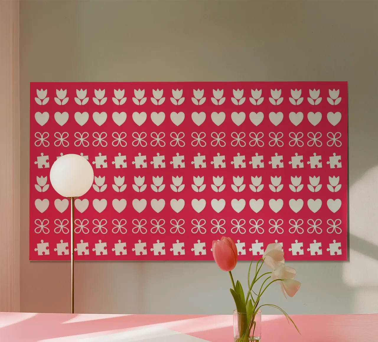 Disegno di San Valentino. Colori rosa e bianco, simboli d'amore poster con telaio in legno da CreatedbySon