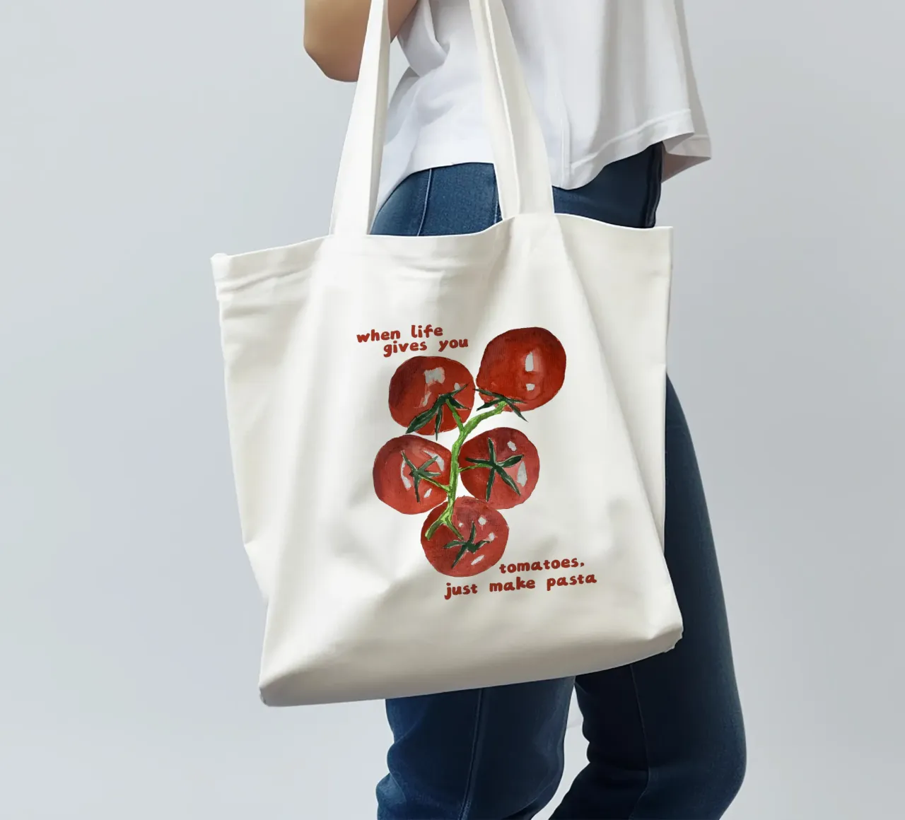 When life gives you tomatoes, Make Pasta - Quote tote bag by Peaches Art Prints