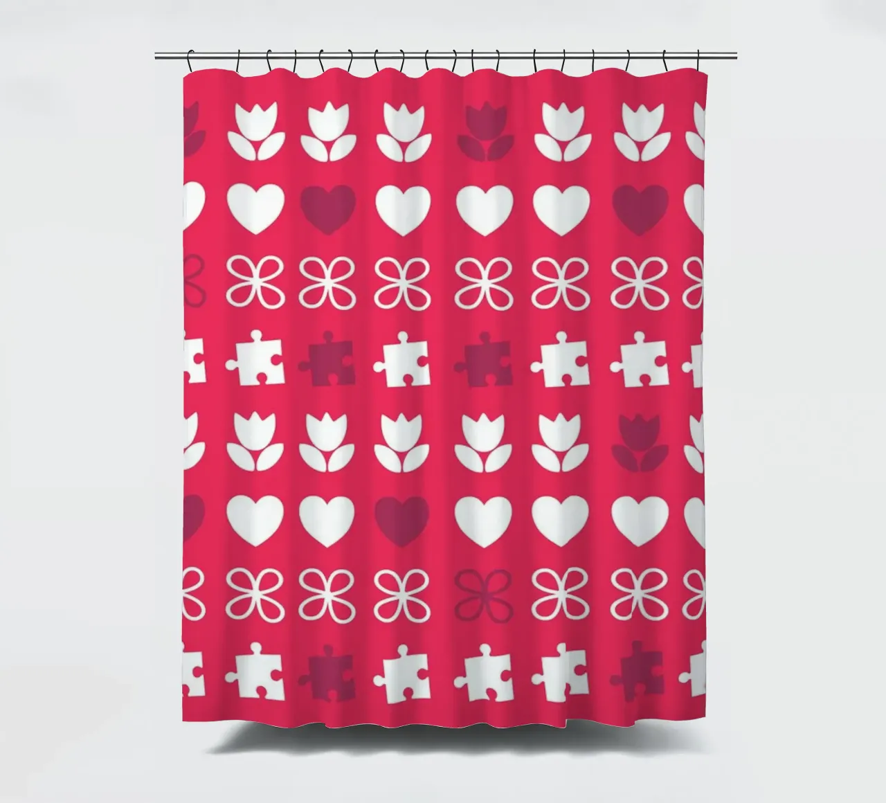 Valentijnsdag design. Kleur paars, roze en wit. Romantiek douchegordijn van CreatedbySon