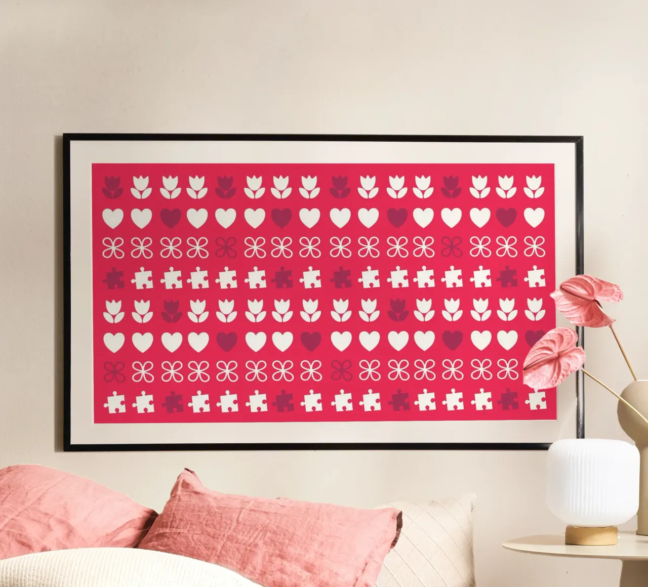 Disegno di San Valentino. Colore viola, rosa e bianco. Romantico poster con telaio in alluminio da CreatedbySon