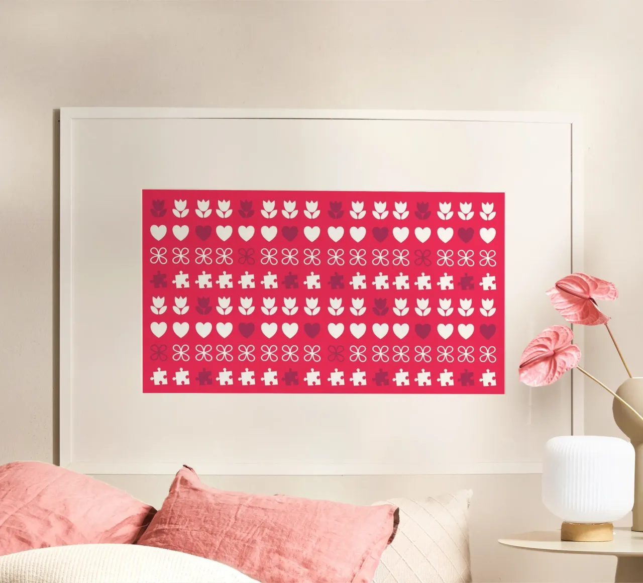 Disegno di San Valentino. Colore viola, rosa e bianco. Romantico poster con telaio in alluminio da CreatedbySon