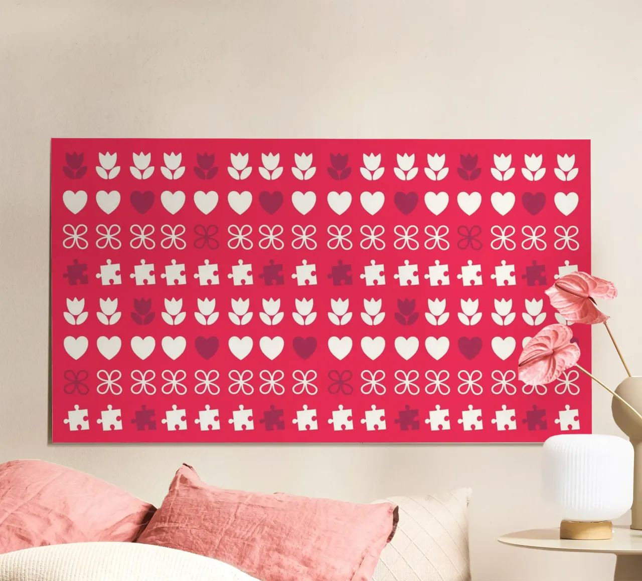 Disegno di San Valentino. Colore viola, rosa e bianco. Romantico poster con telaio in alluminio da CreatedbySon