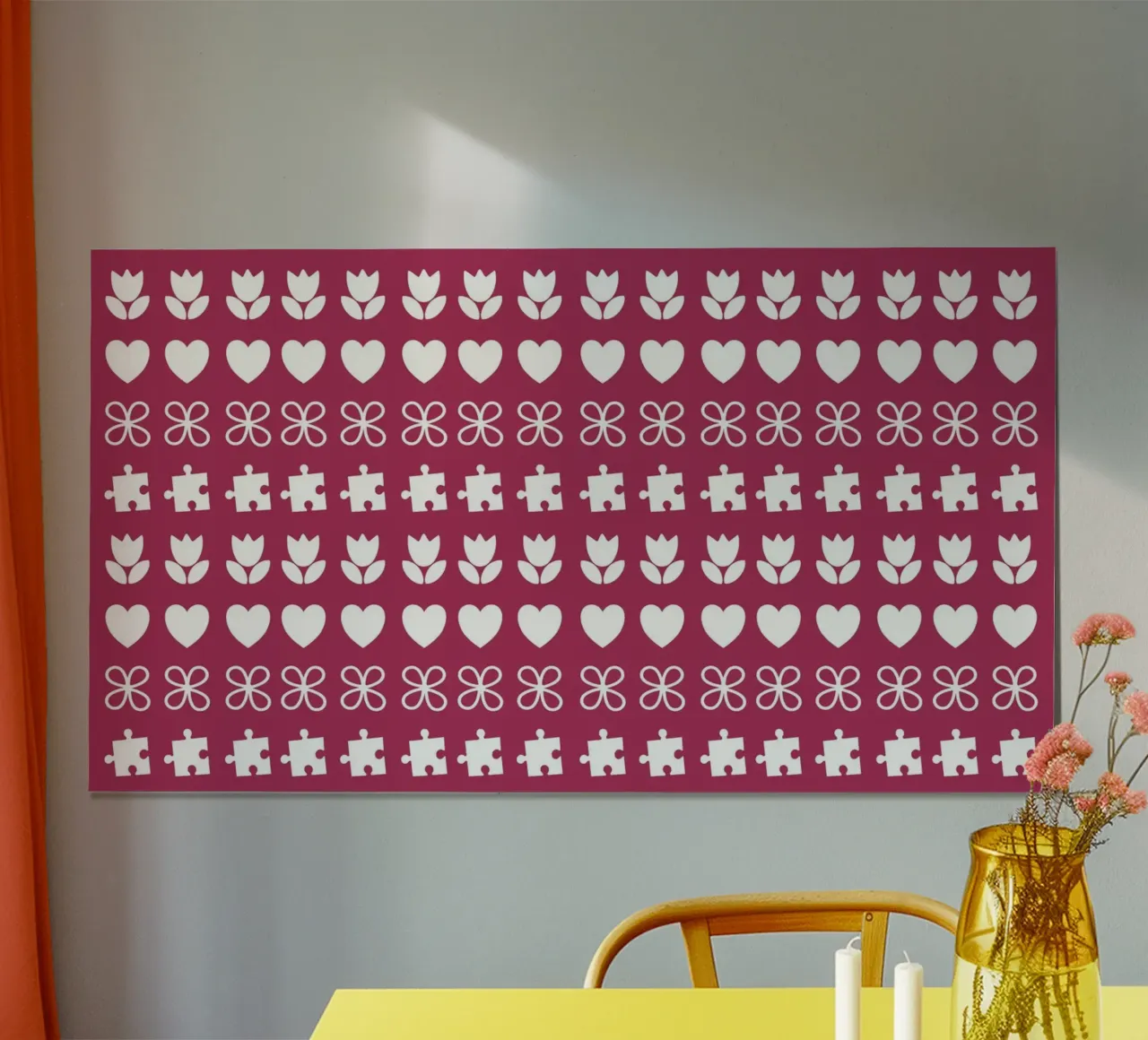 Disegno di San Valentino. Colori viola e bianco, simboli d'amore poster con telaio in legno da CreatedbySon