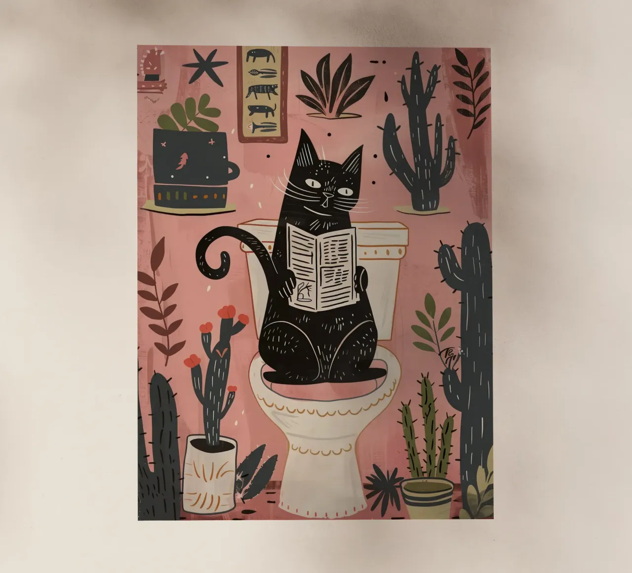 Gatto sul water, bagno rosa cactus pellicola backlit da Peaches Art Prints