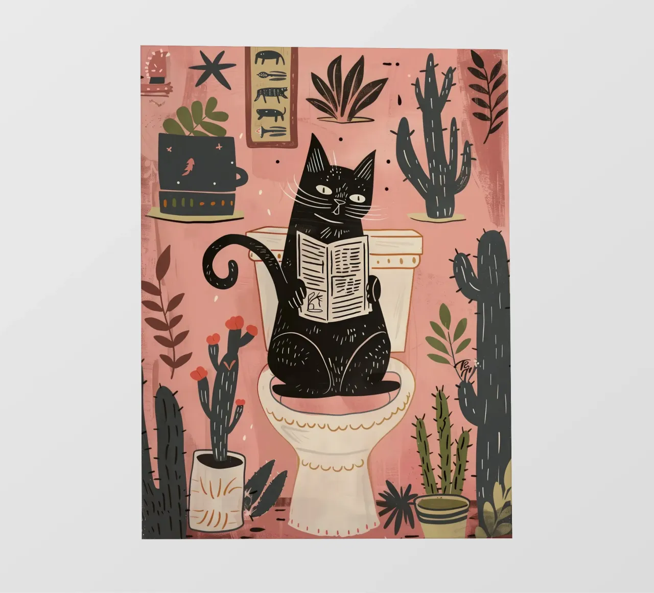 Gatto sul water, bagno rosa cactus pellicola backlit da Peaches Art Prints