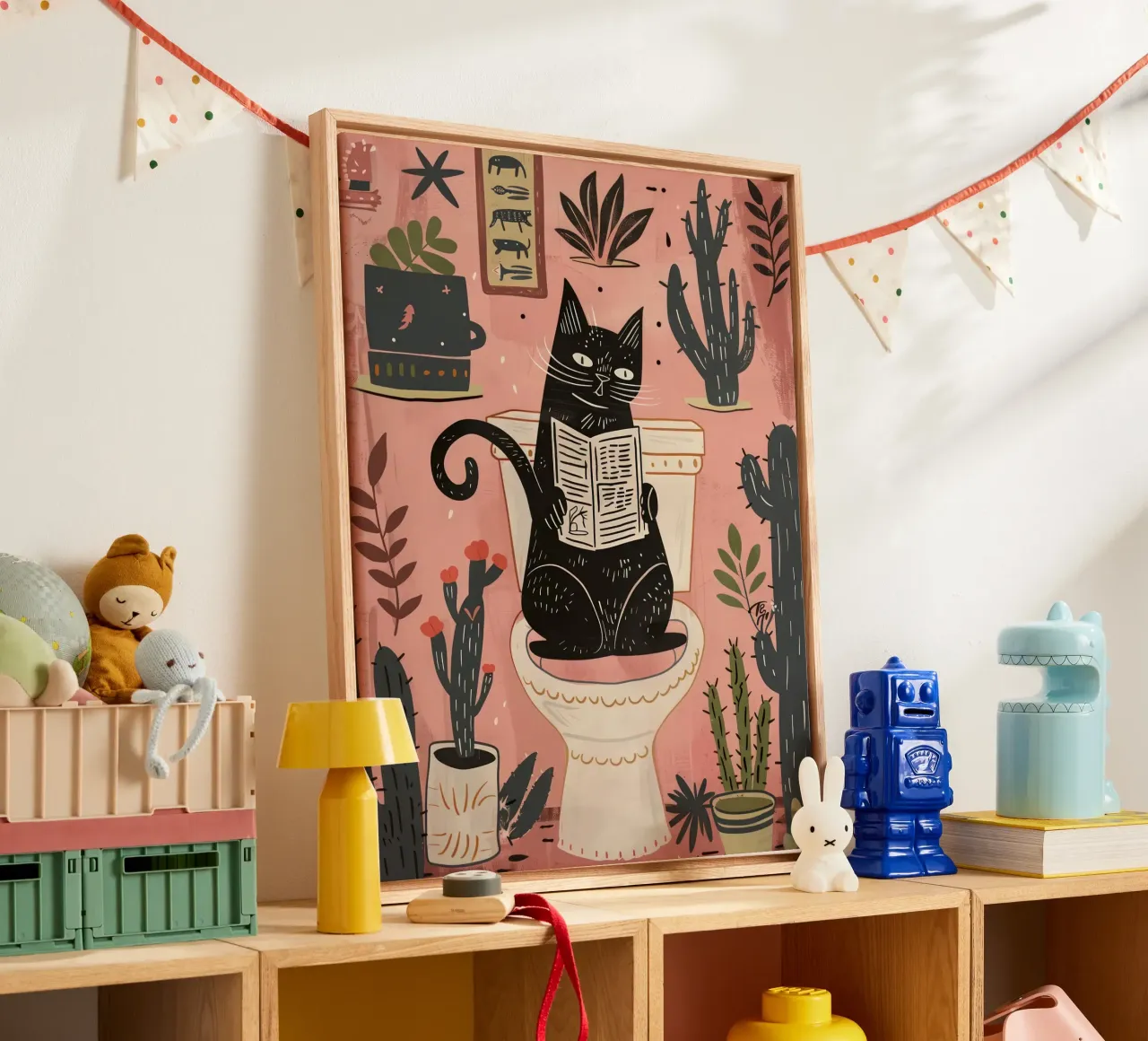 Gatto sul water, bagno rosa cactus tela con Cornice a cassetta da Peaches Art Prints