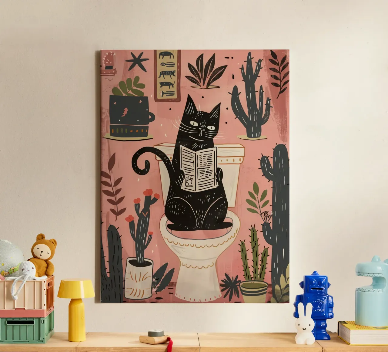 Gatto sul water, bagno rosa cactus tela con Cornice a cassetta da Peaches Art Prints
