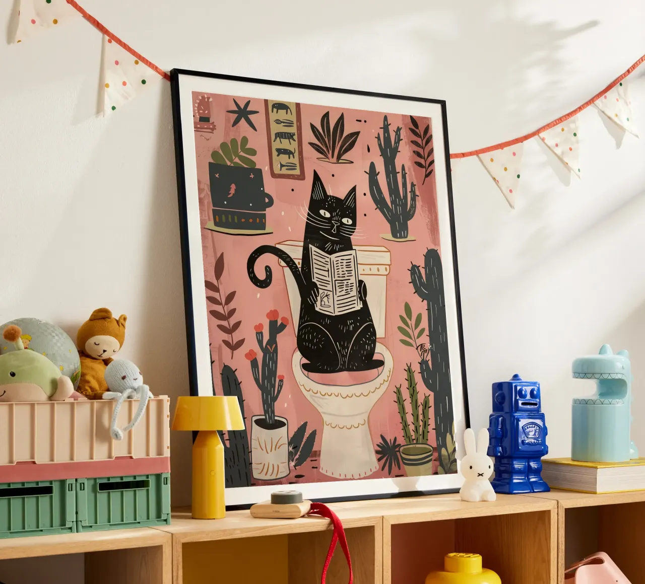 Gatto sul water, bagno rosa cactus poster con telaio in legno da Peaches Art Prints