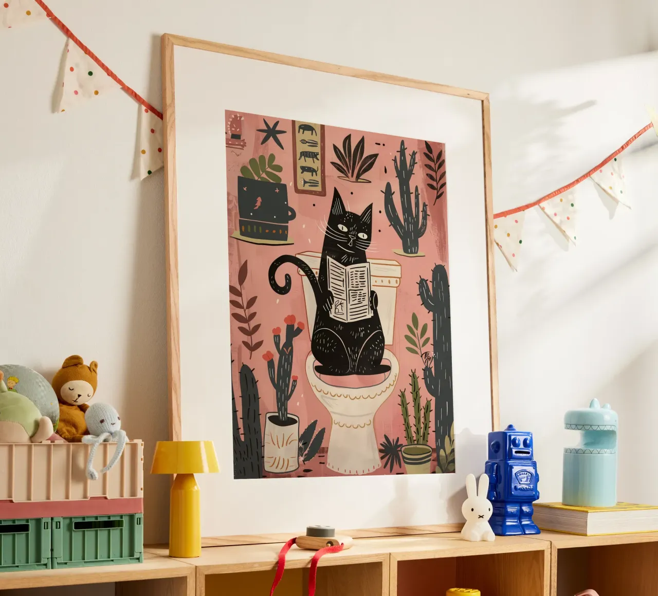 Gatto sul water, bagno rosa cactus poster con telaio in legno da Peaches Art Prints