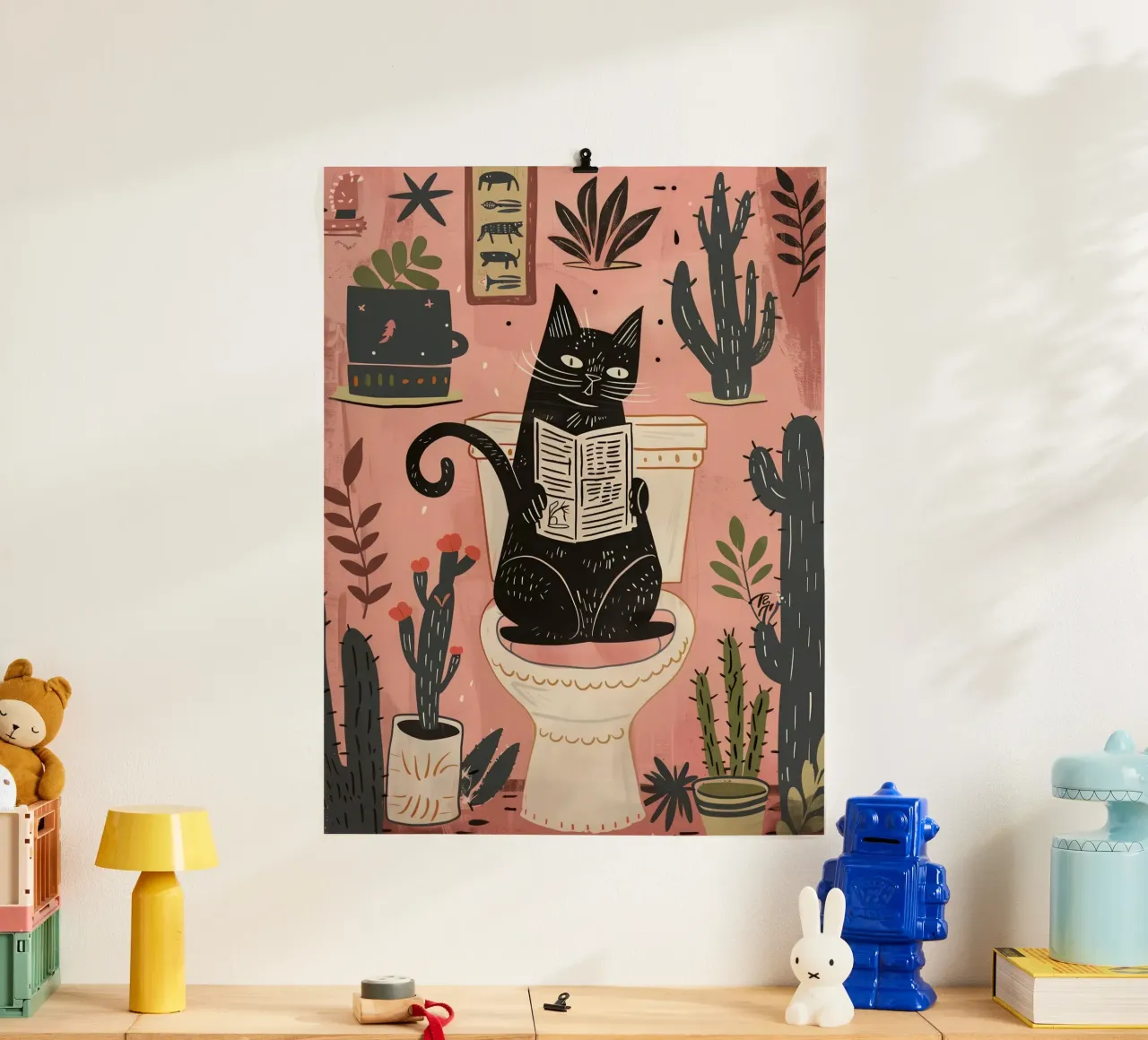 Cat on the Toilet, Cactus Pink Bathroom poster with aluminum frame by Peaches Art Prints