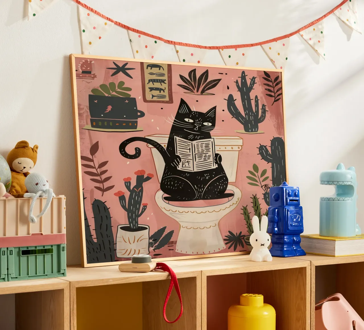 Gatto sul water, bagno rosa cactus poster con telaio in legno da Peaches Art Prints