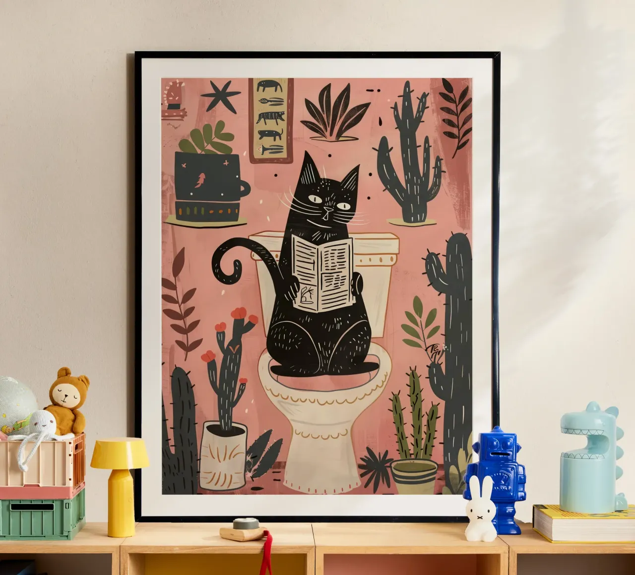 Gatto sul water, bagno rosa cactus poster con telaio in legno da Peaches Art Prints