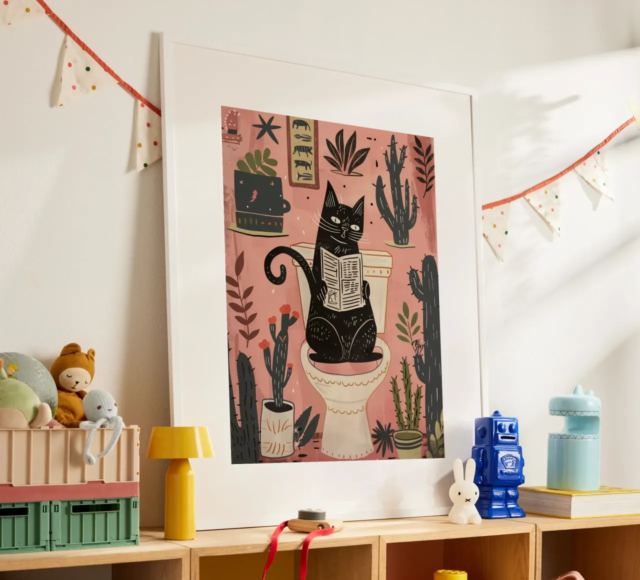 Cat on the Toilet, Cactus Pink Bathroom poster with aluminum frame by Peaches Art Prints