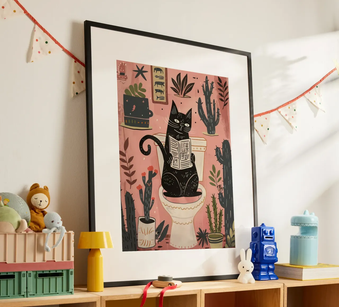 Gatto sul water, bagno rosa cactus poster con telaio in legno da Peaches Art Prints