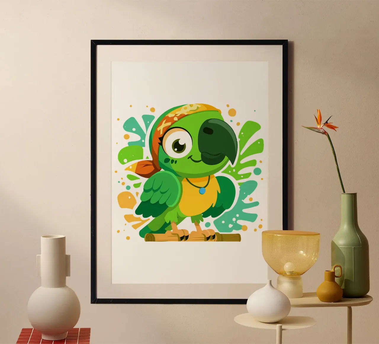 Pappagallo con bandana da pirata Trending Now poster con telaio in legno da Urban Life