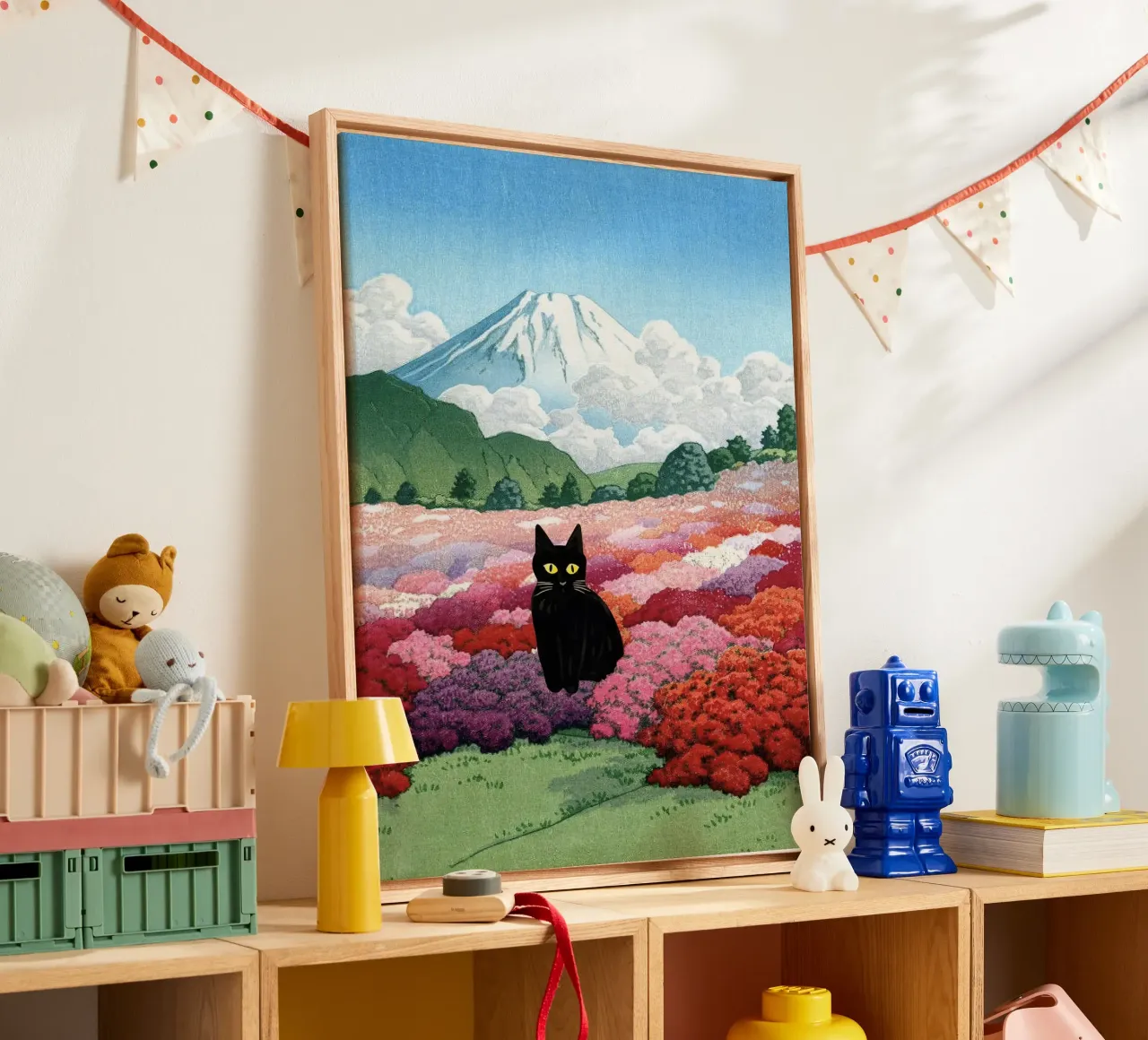 Vista del Monte Fuji da un giardino di azalee, Gatto nero tela con Cornice a cassetta da Peaches Art Prints