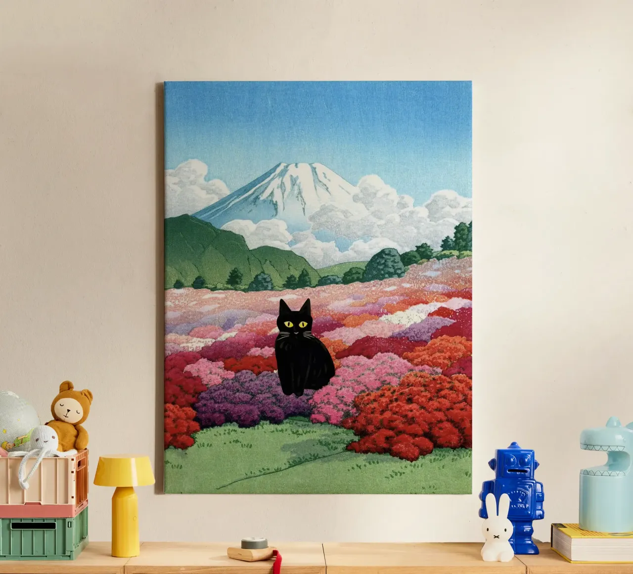 Vista del Monte Fuji da un giardino di azalee, Gatto nero tela con Cornice a cassetta da Peaches Art Prints