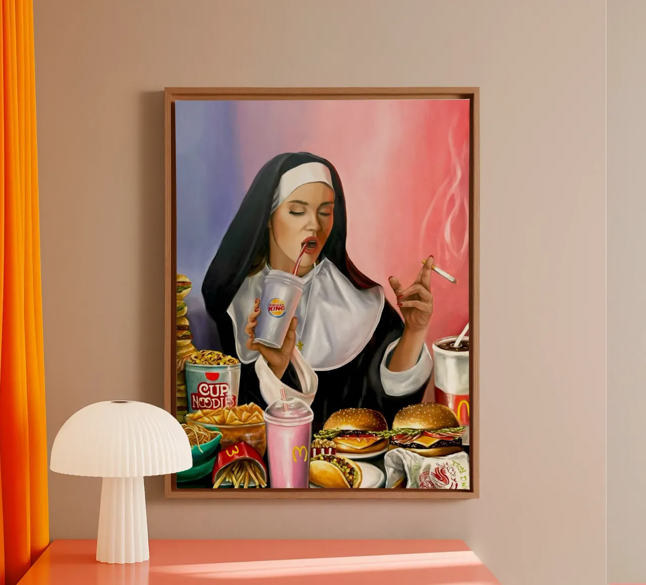 Always Hungry - Nonne mit Cheeseburger und Zigarette canvas met Baklijst van Orjenal Kölsch