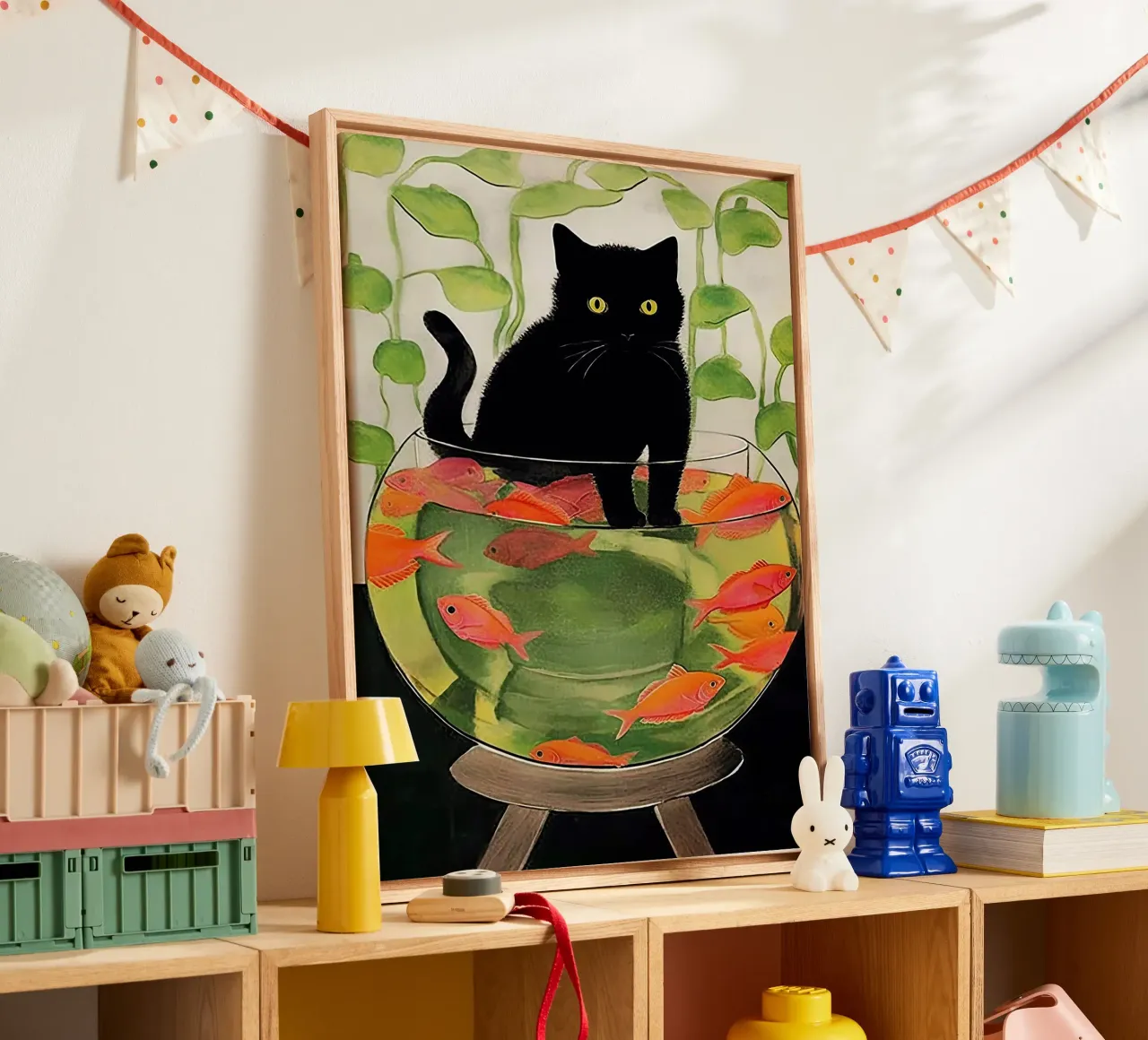 Henri Matisse Goudvis en zwarte kat canvas met Baklijst van Peaches Art Prints