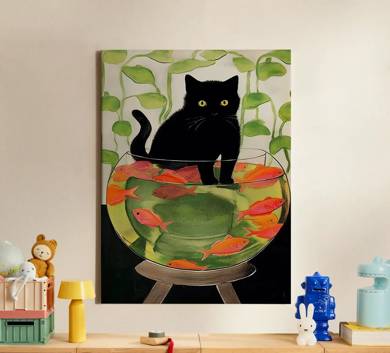 Henri Matisse Goudvis en zwarte kat canvas met Baklijst van Peaches Art Prints