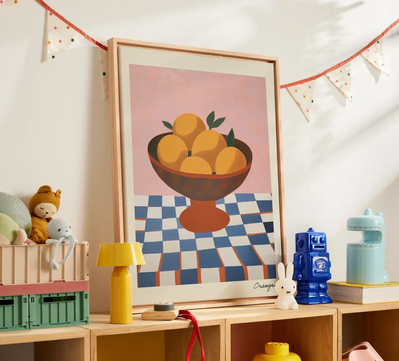 Orangen in einer Schüssel Küchenmalerei Leinwand mit Schattenfugenrahmen von Peaches Art Prints