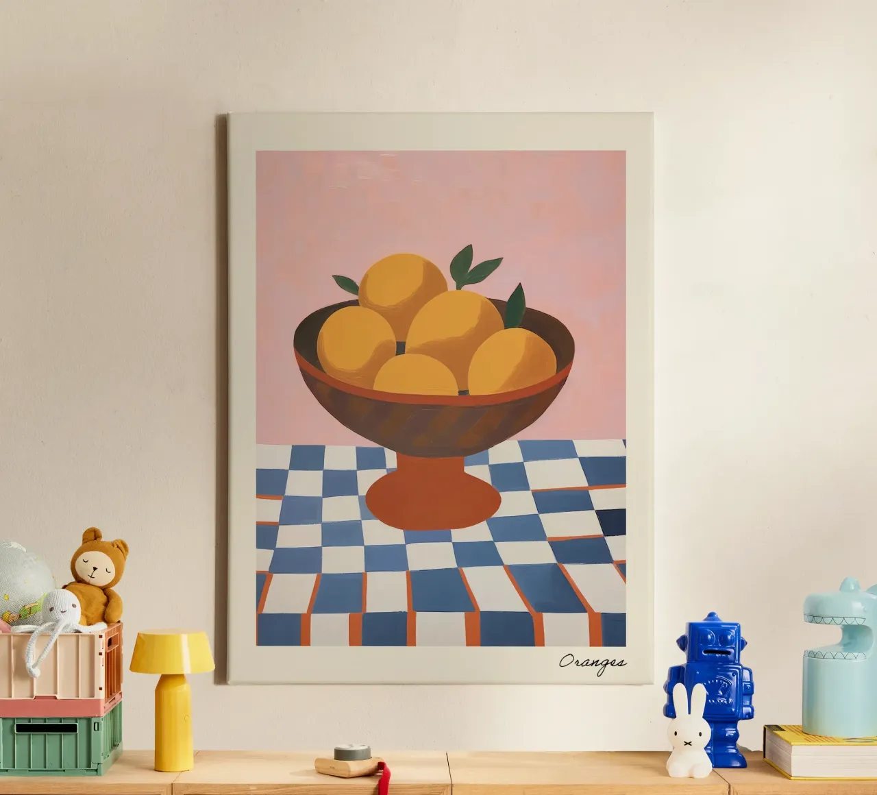 Orangen in einer Schüssel Küchenmalerei Leinwand mit Schattenfugenrahmen von Peaches Art Prints