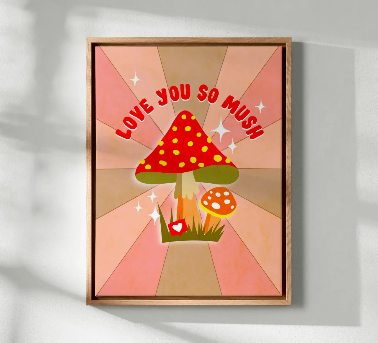 Retro-Pilz-Liebeswort "Ich liebe dich so sehr" Leinwand mit Schattenfugenrahmen von Dominique Vari