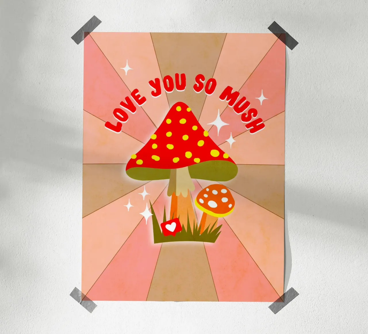 Retro-Pilz-Liebeswort "Ich liebe dich so sehr" Poster mit Kunststoffrahmen von Dominique Vari