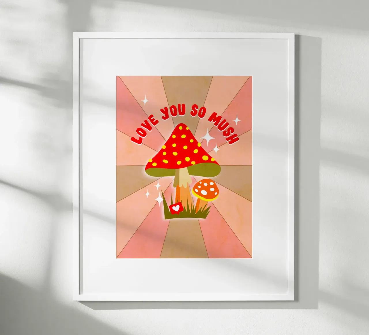 Retro-Pilz-Liebeswort "Ich liebe dich so sehr" Poster mit Kunststoffrahmen von Dominique Vari