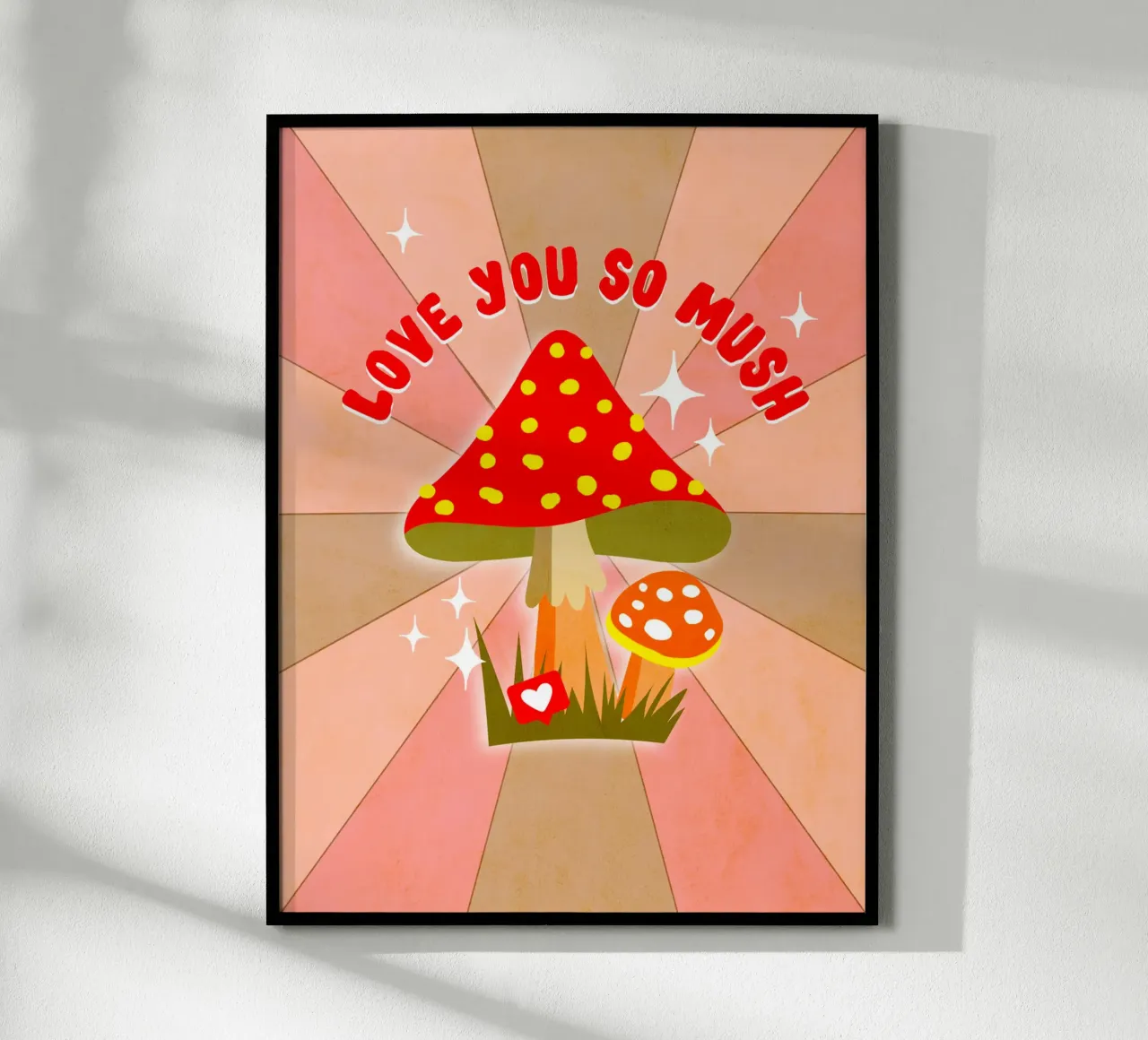 Retro-Pilz-Liebeswort "Ich liebe dich so sehr" Poster mit Kunststoffrahmen von Dominique Vari