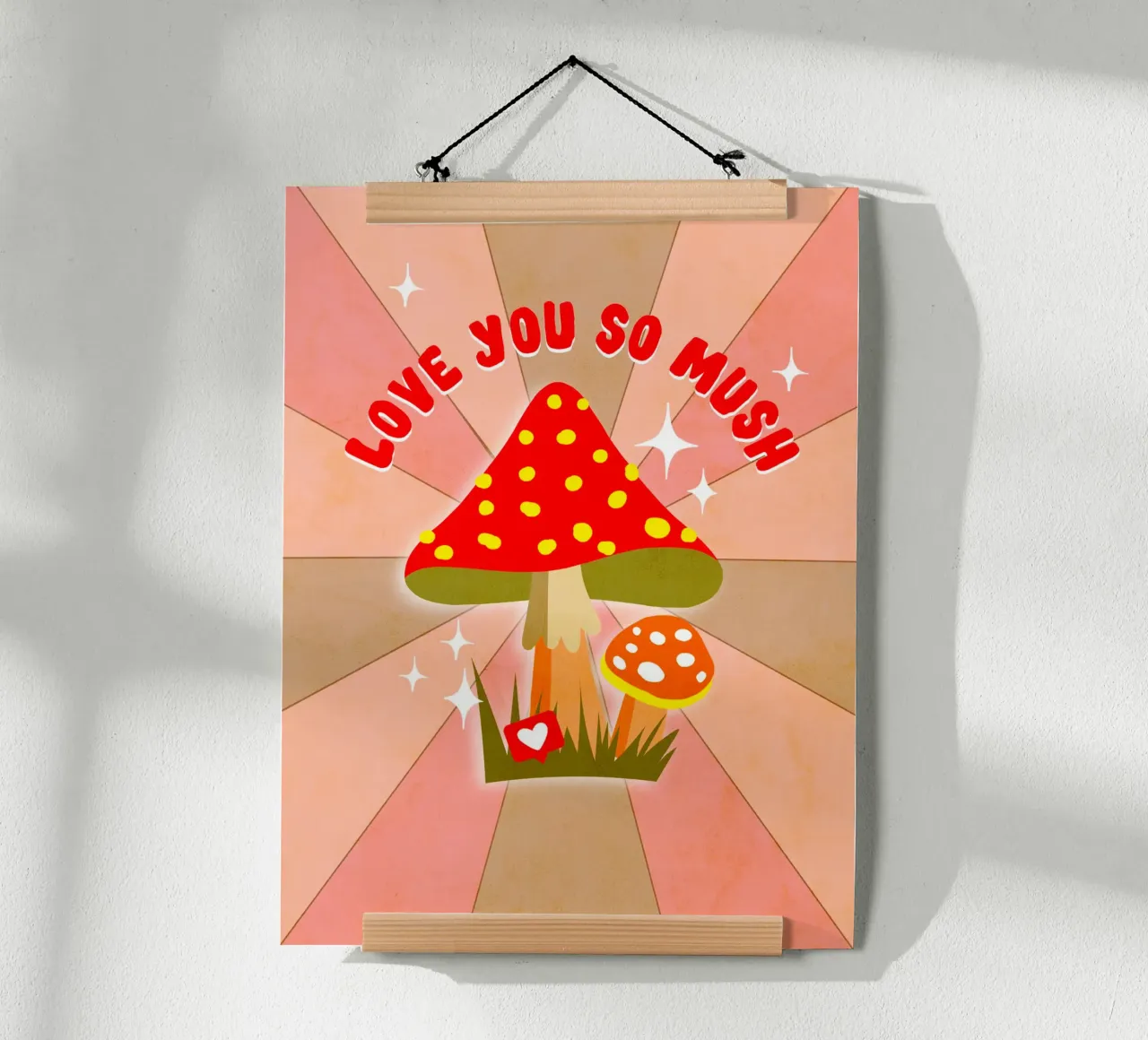 Retro-Pilz-Liebeswort "Ich liebe dich so sehr" Poster mit Kunststoffrahmen von Dominique Vari
