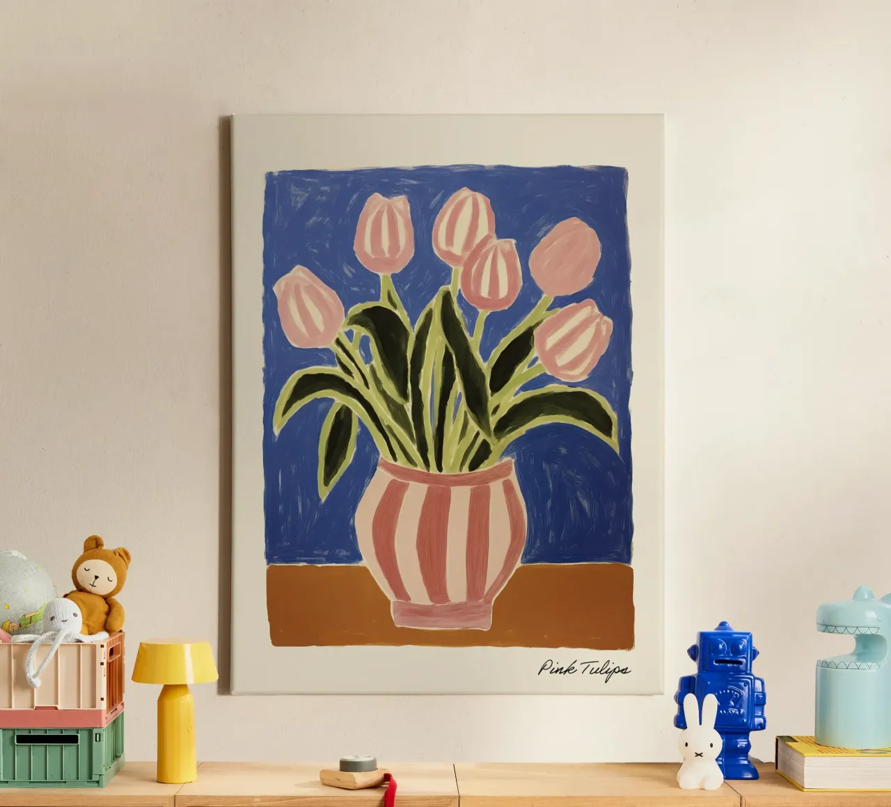Roze Tulpen met Gestreepte Vaas Schilderen canvas met Baklijst van Peaches Art Prints