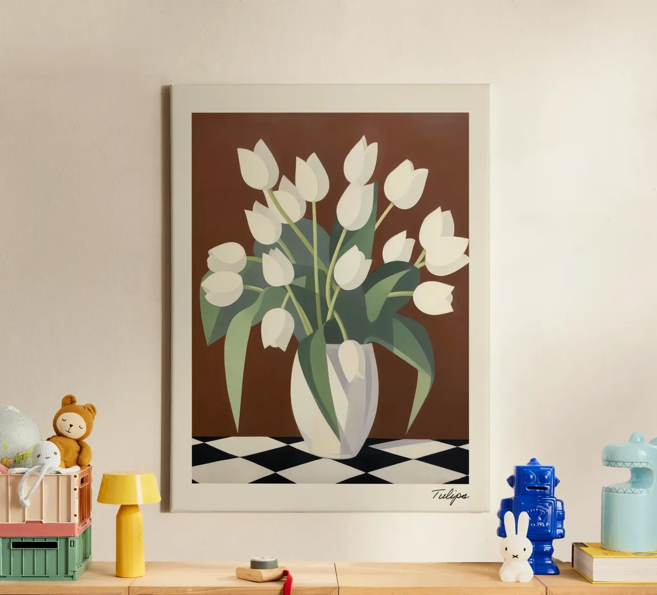 Witte tulpen op bruine achtergrond bloemig canvas met Baklijst van Peaches Art Prints
