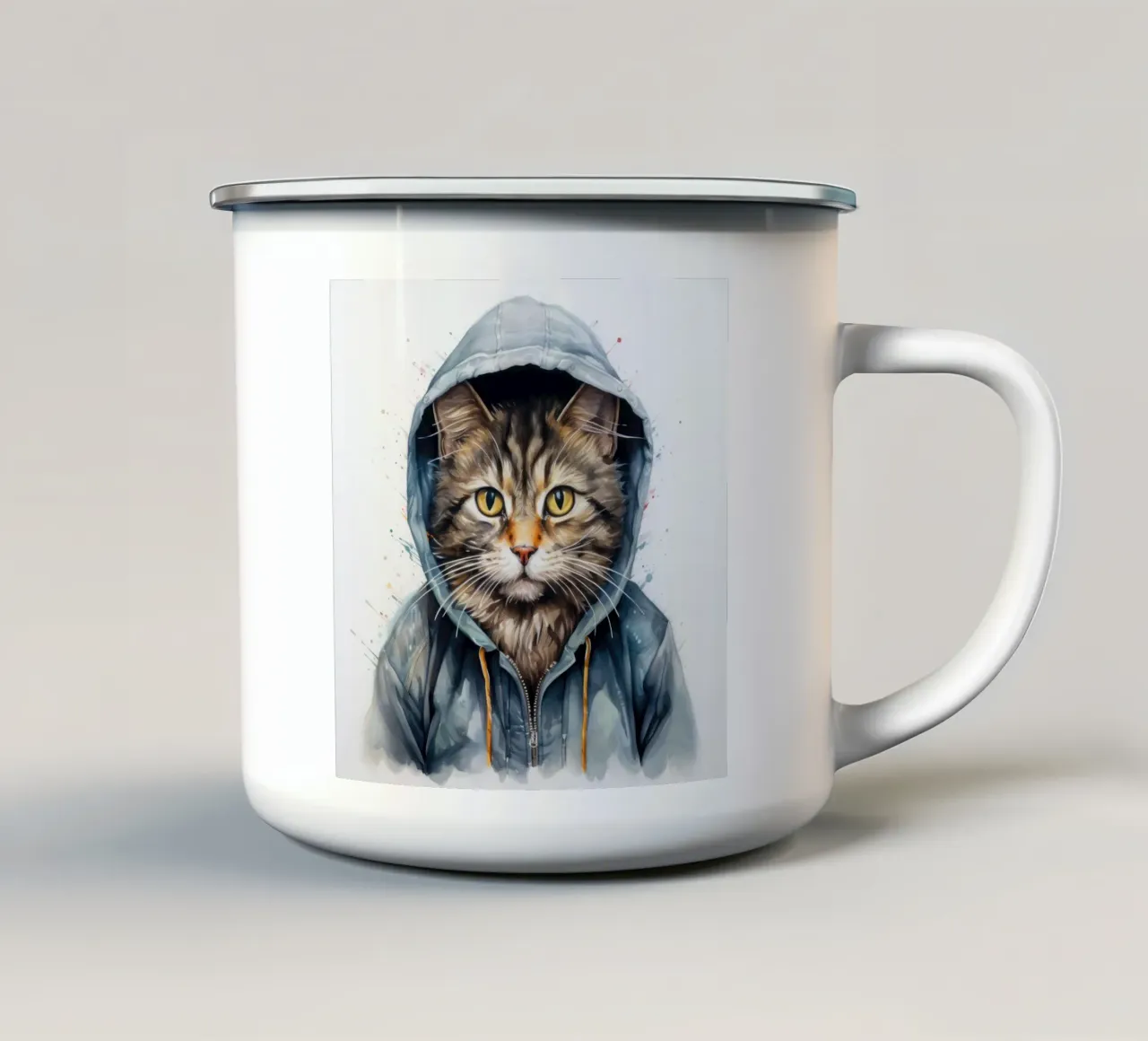 Gatto acquerellato con cappuccio tazza in smalto da Animal Portraits