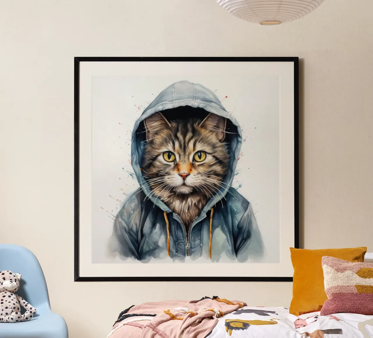 Gatto acquerellato con cappuccio poster con telaio in legno da Animal Portraits