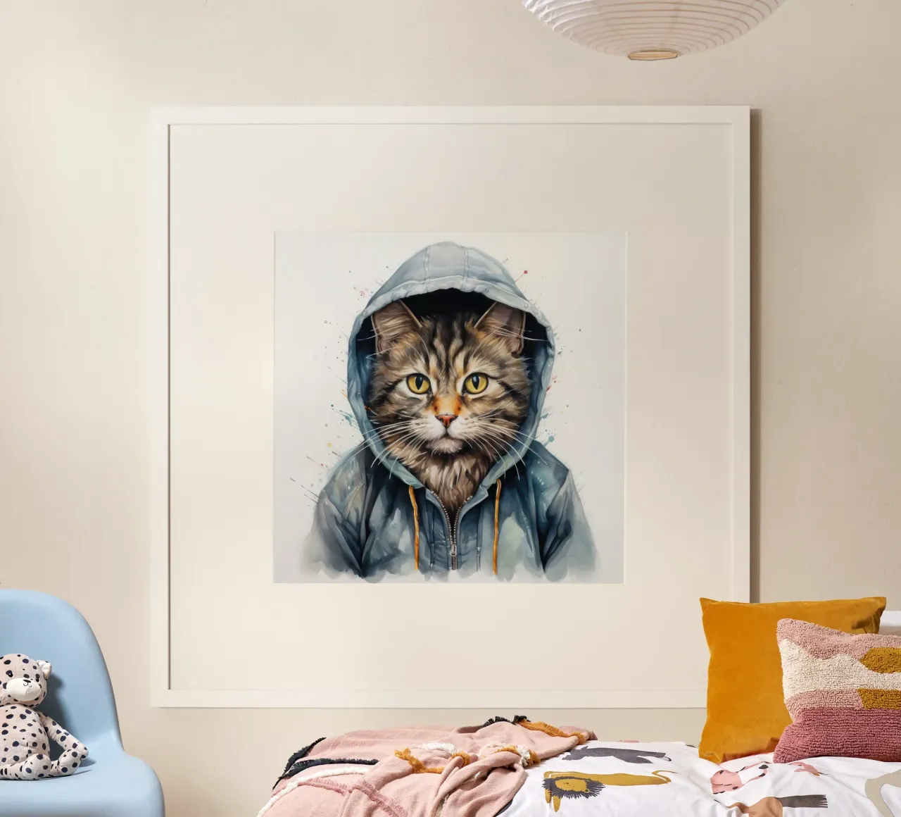 Gatto acquerellato con cappuccio poster con telaio in legno da Animal Portraits