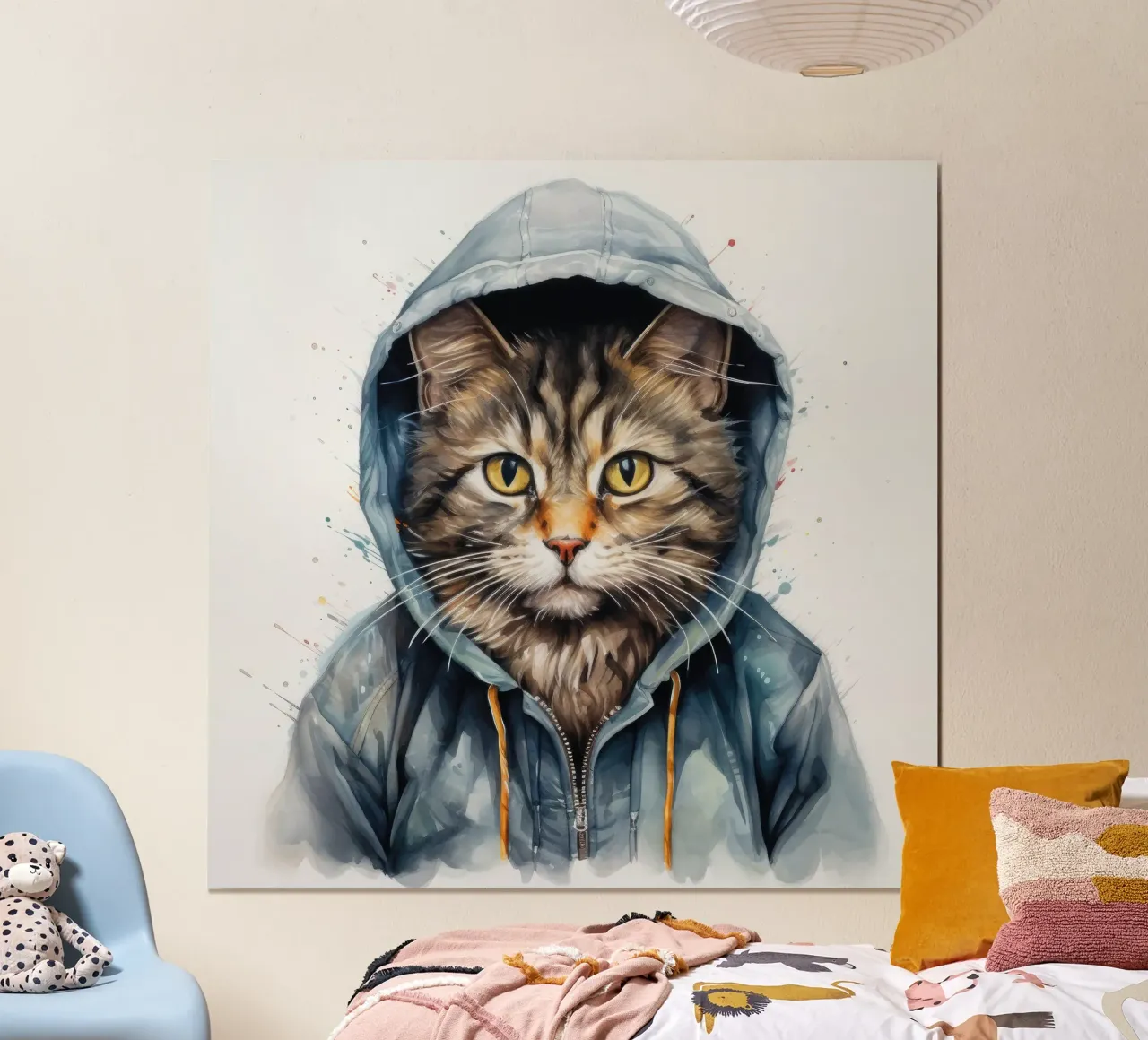 Gatto acquerellato con cappuccio poster con telaio in legno da Animal Portraits