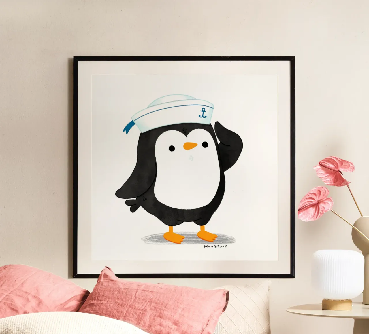 Pinguino marinaio poster con telaio in plastica da julianamotzko