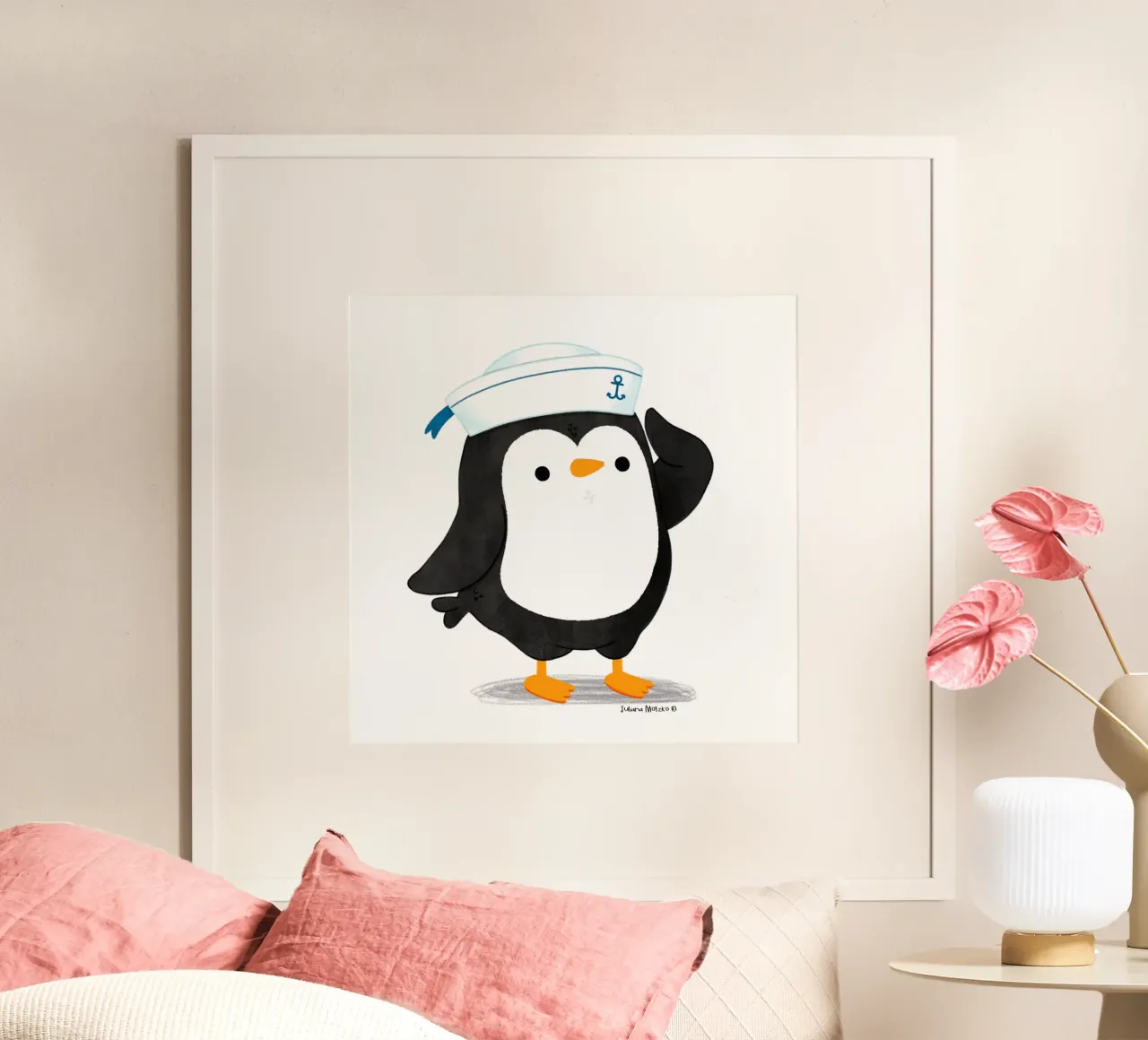 Pinguino marinaio poster con telaio in plastica da julianamotzko