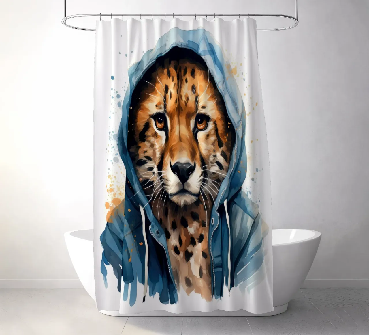 Ghepardo acquerellato con felpa con cappuccio tenda da doccia da Animal Portraits
