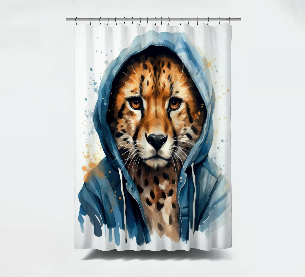 Ghepardo acquerellato con felpa con cappuccio tenda da doccia da Animal Portraits