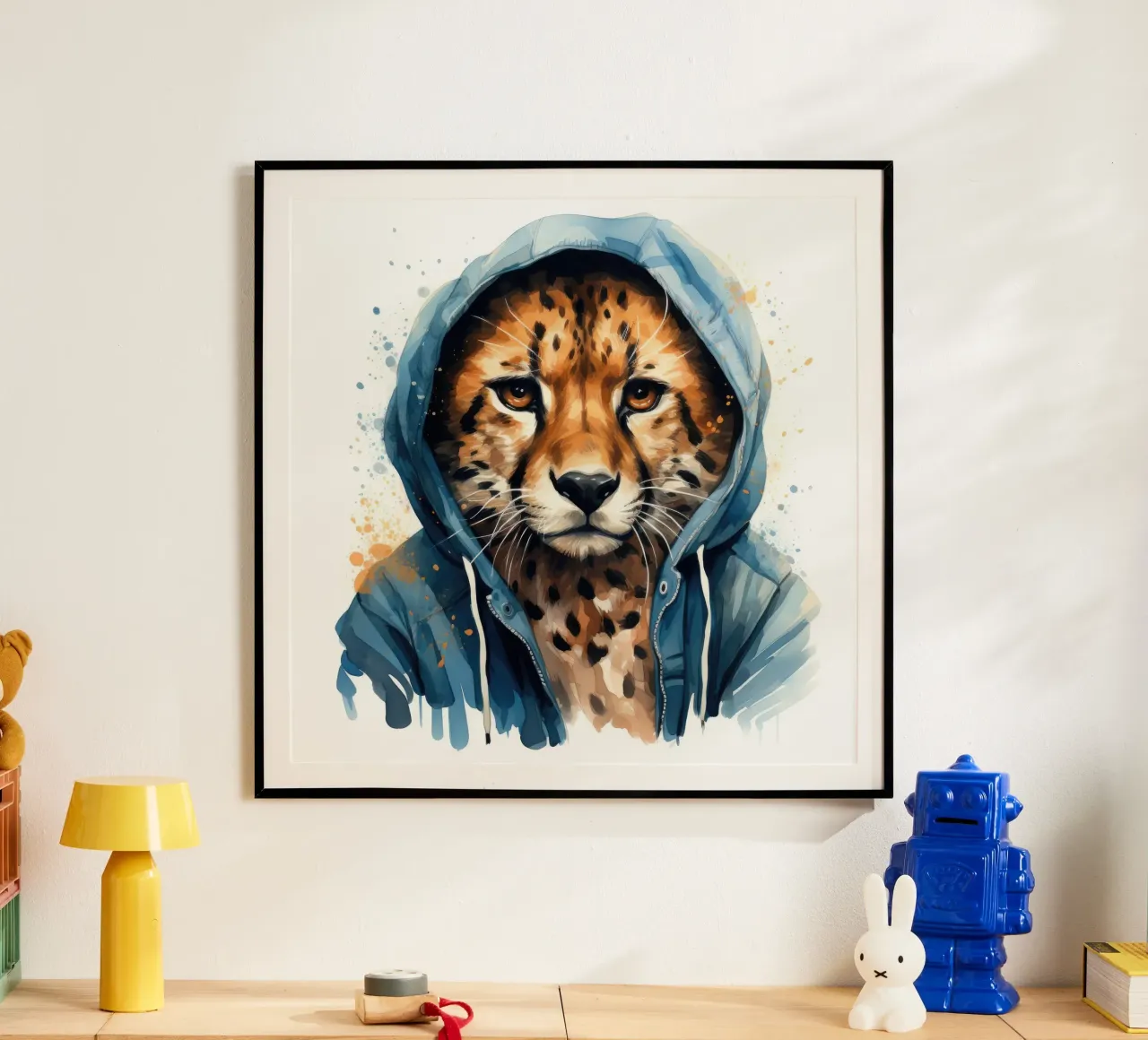 Ghepardo acquerellato con felpa con cappuccio poster con telaio in plastica da Animal Portraits