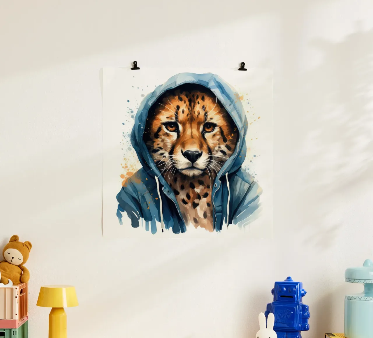 Ghepardo acquerellato con felpa con cappuccio poster con telaio in plastica da Animal Portraits