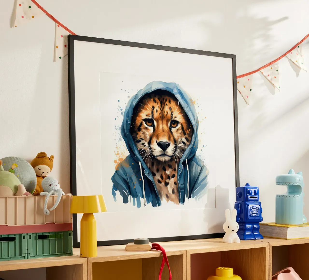 Ghepardo acquerellato con felpa con cappuccio poster con telaio in plastica da Animal Portraits