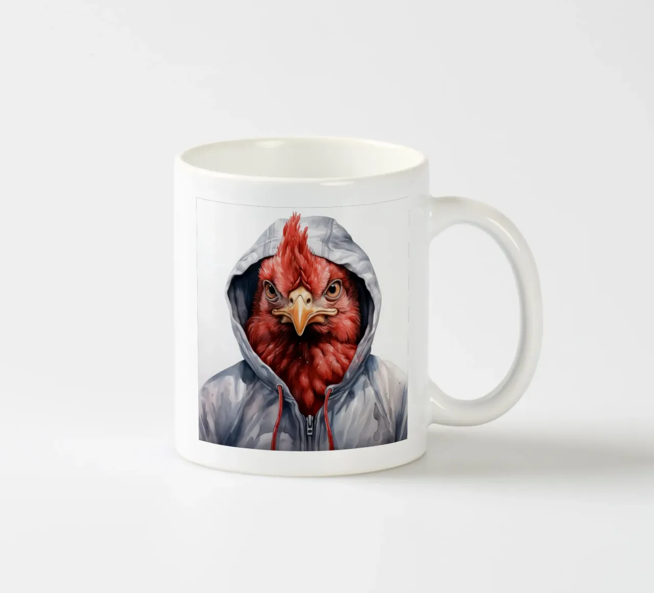 Cartone animato acquerellato Pollo in felpa con cappuccio tazza in ceramica da Animal Portraits