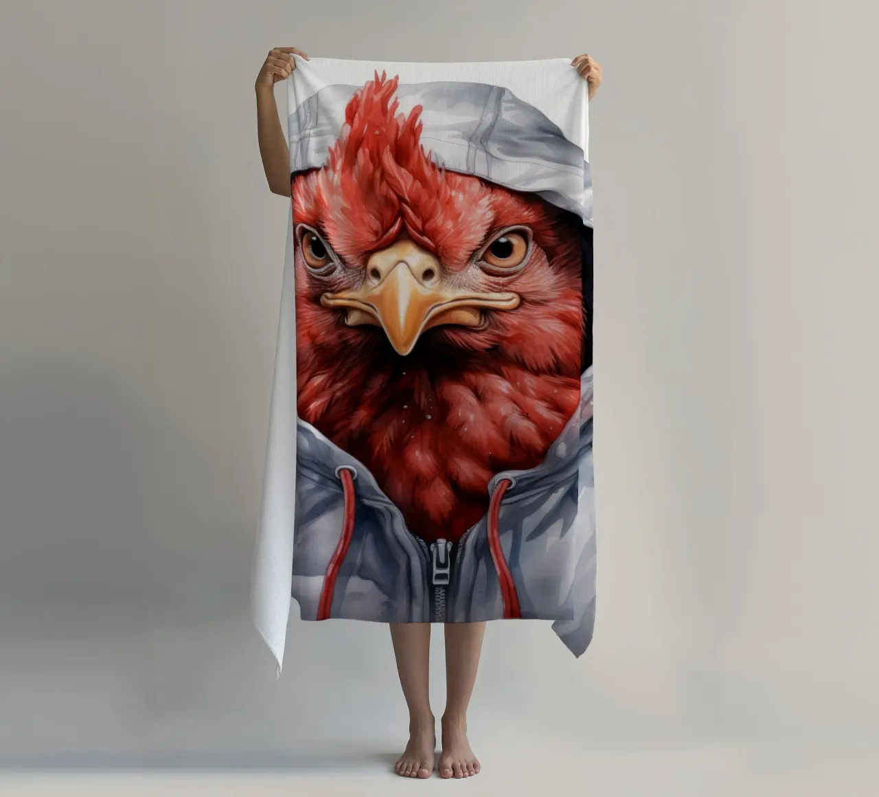 Cartone animato acquerellato Pollo in felpa con cappuccio telo mare da Animal Portraits