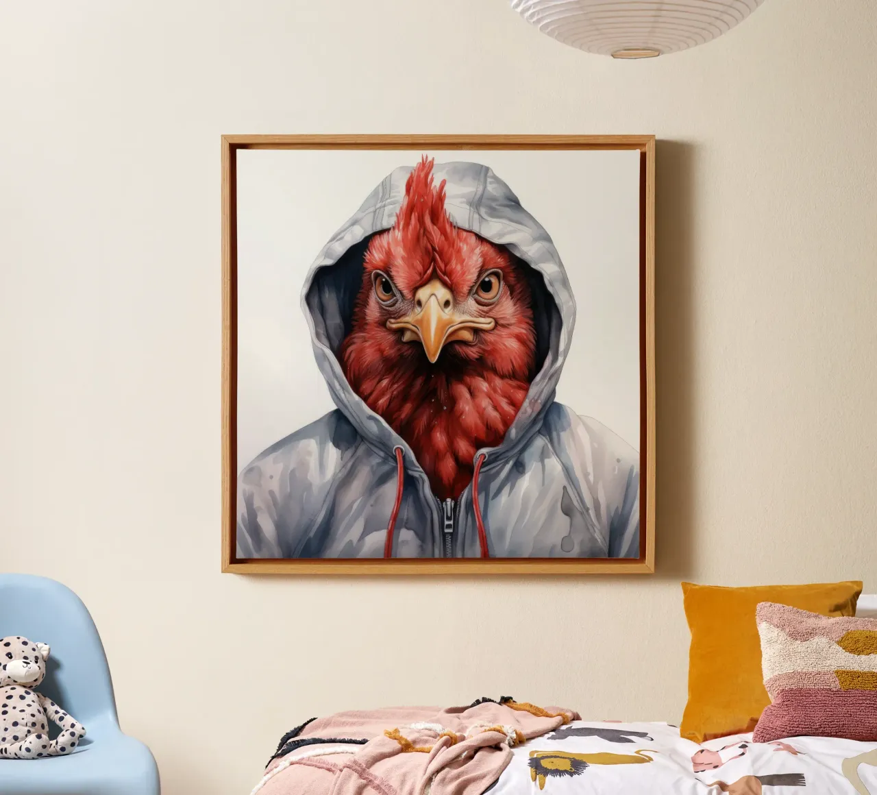 Cartone animato acquerellato Pollo in felpa con cappuccio tela con Cornice a cassetta da Animal Portraits