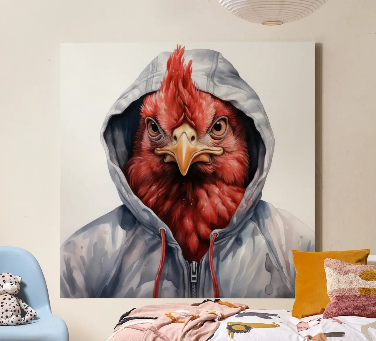 Cartone animato acquerellato Pollo in felpa con cappuccio tela con Cornice a cassetta da Animal Portraits