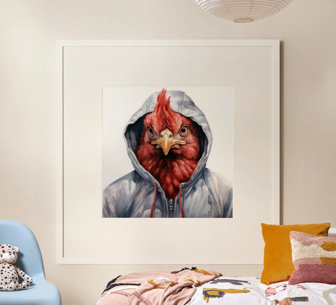 Cartone animato acquerellato Pollo in felpa con cappuccio poster da Animal Portraits
